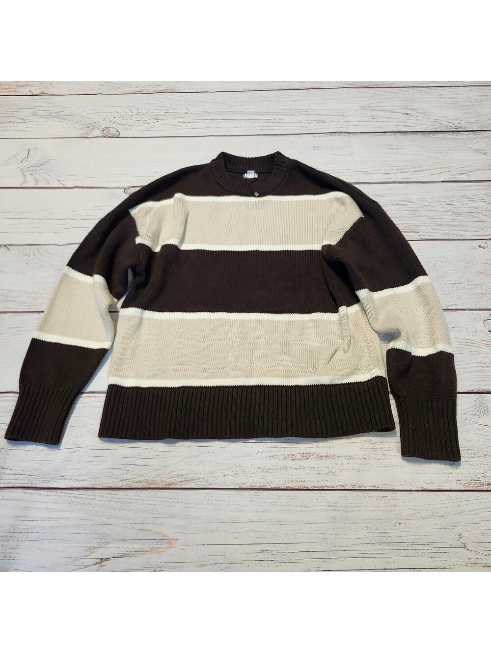 Garage Brown and Cream Striped Crew Neck Sweater Small